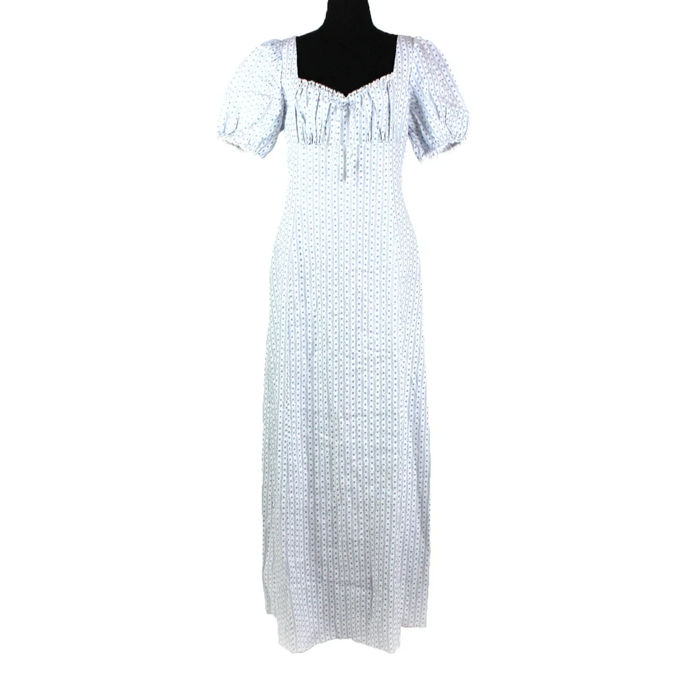 Reformation Cherise Maxi Dress NEW Linen Blue Motif Short Puff Sleeve Size 10 - Picture 2 of 8